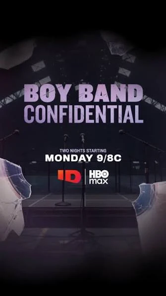 Dark Boy Band Confidential artwork with fractured edges and stage microphones