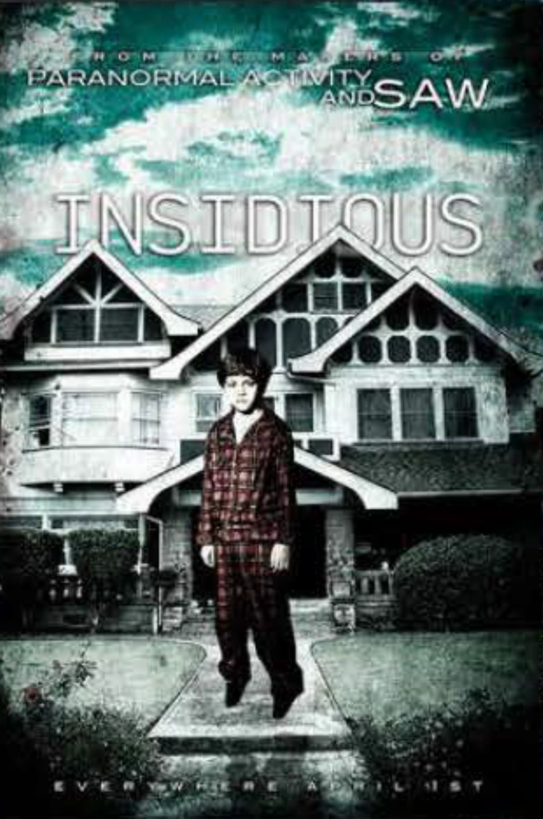 Original teal Insidious concept poster with a boy in pajamas in front of the house