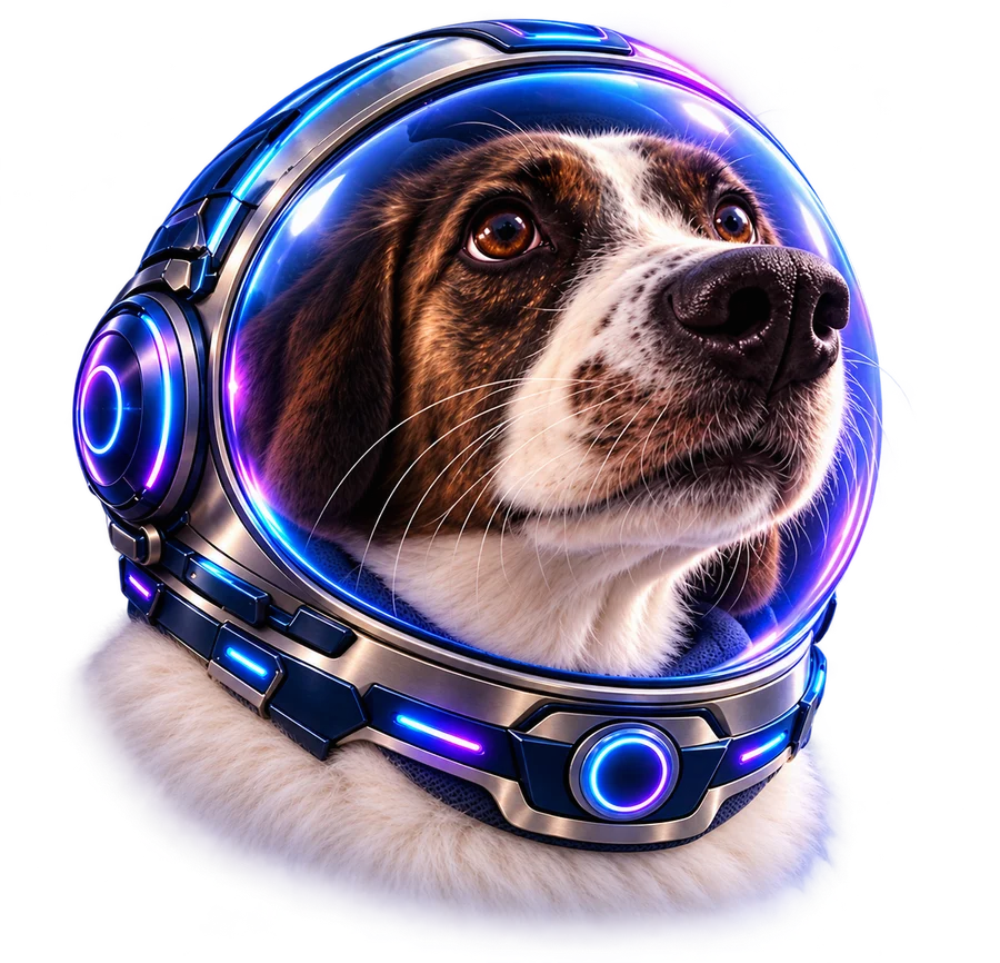 Chi, the rescued dog and Mac Forge astronaut co-pilot