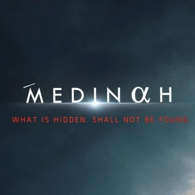Medinah title design over atmospheric blue artwork
